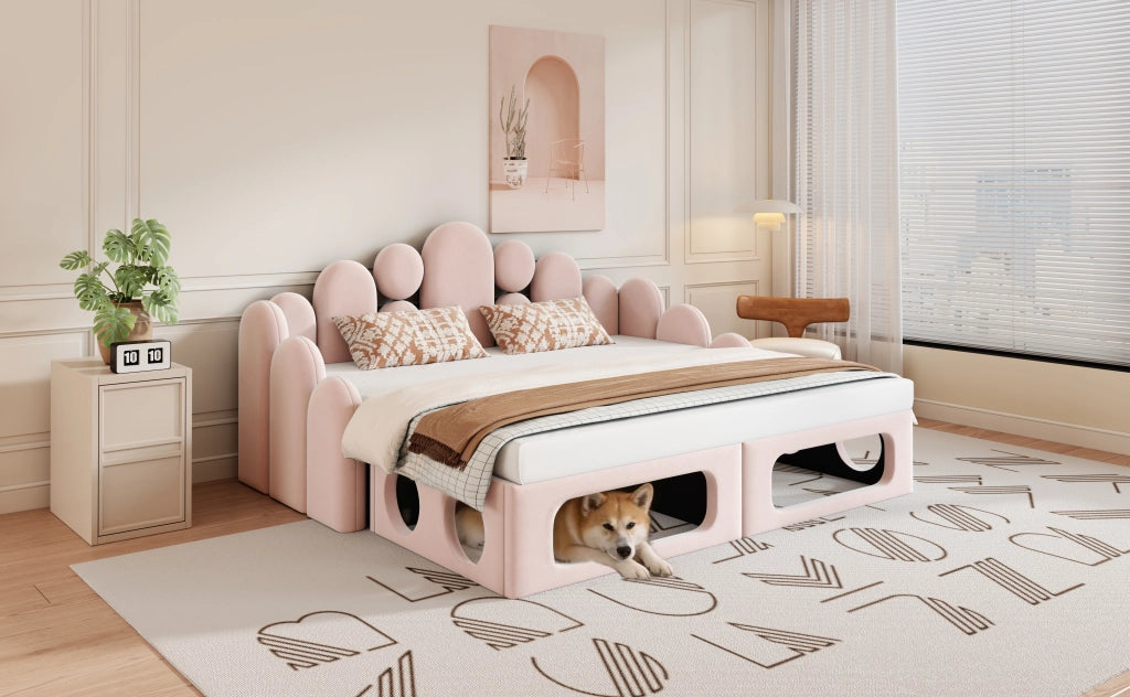 Letto multifunzionale 180 × 200 cm in velluto rosa con cuccia per animali e struttura divisibile