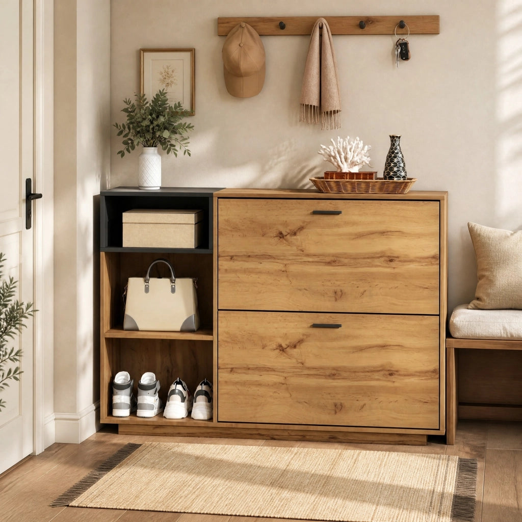 Scarpiera per ingresso con 3 vani aperti e 2 scomparti a ribalta in MDF naturale e nero 120 ¡Á 32 ¡Á 84.5 cm