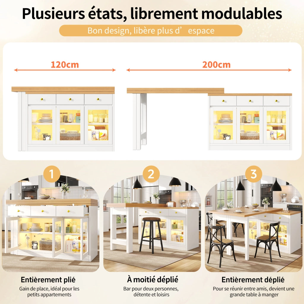 Isola da cucina allungabile con LED RGB; 3 cassetti e ante in vetro; piano in MDF bianco 120-200 × 40 × 75.5 cm