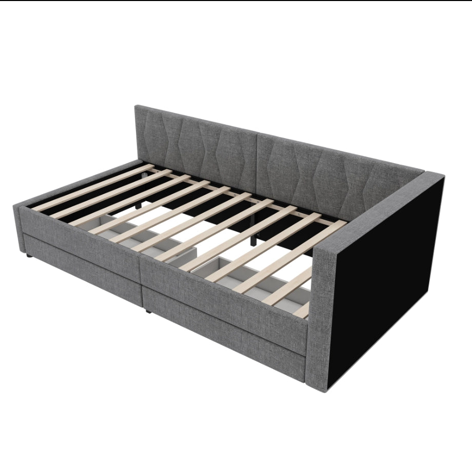 Letto 90x200 cm con rete a doghe, LED, USB e USB-C, 2 cassetti in lino e MDF grigio