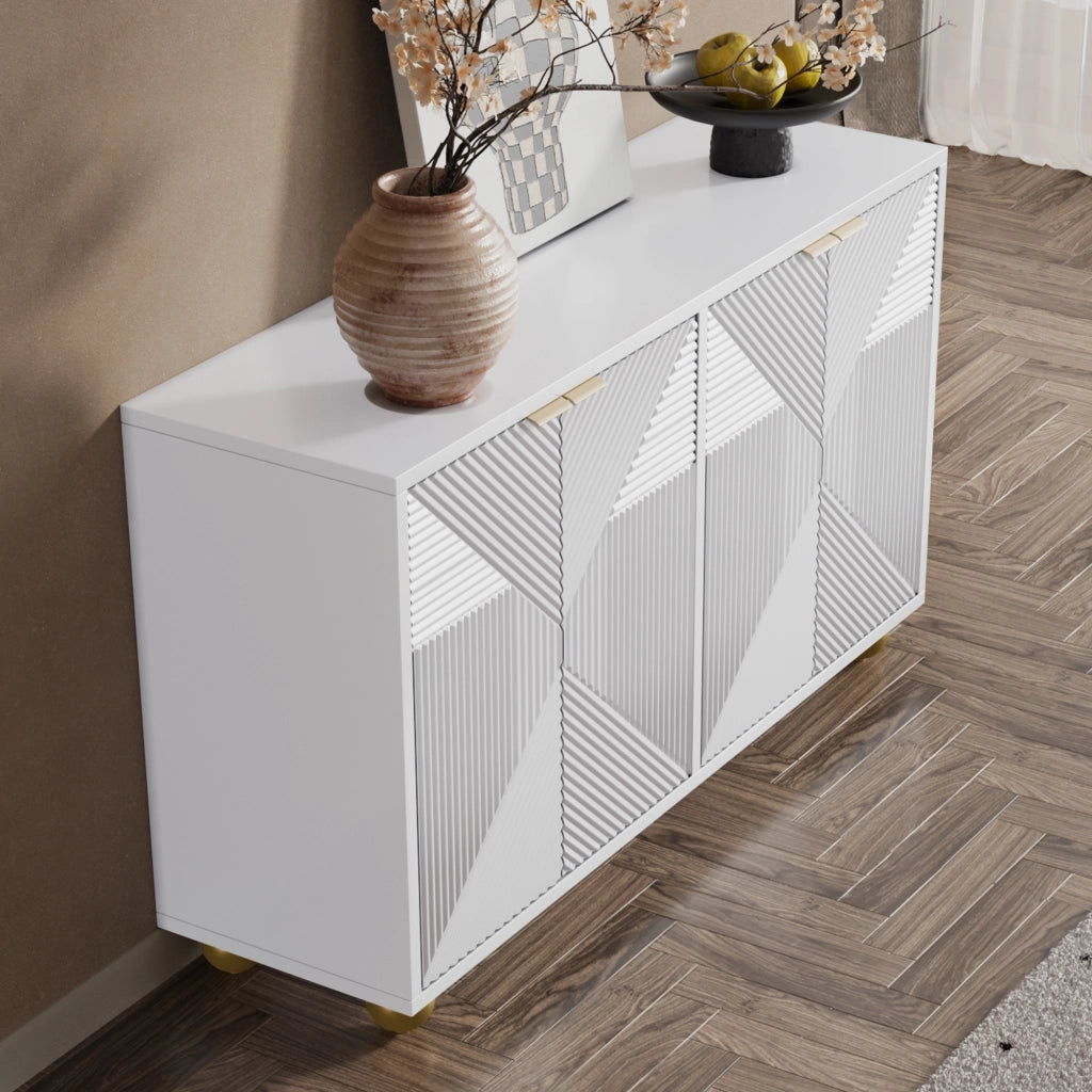 Credenza bianca a quattro ante 120 x 35 x 71;5 cm in MDF con gambe sferiche