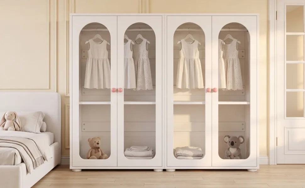 Set 2 Armadi Bambini, 160x50x120 cm, MDF Laccato Bianco con Frontali in Acrilico, Mensole Regolabili, Maniglie in Ceramica Rosa