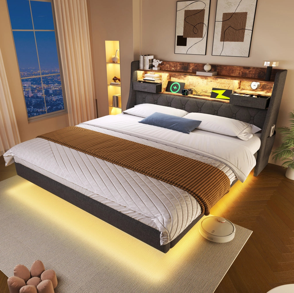 Letto matrimoniale 140x200 cm con LED, USB-C e materasso
