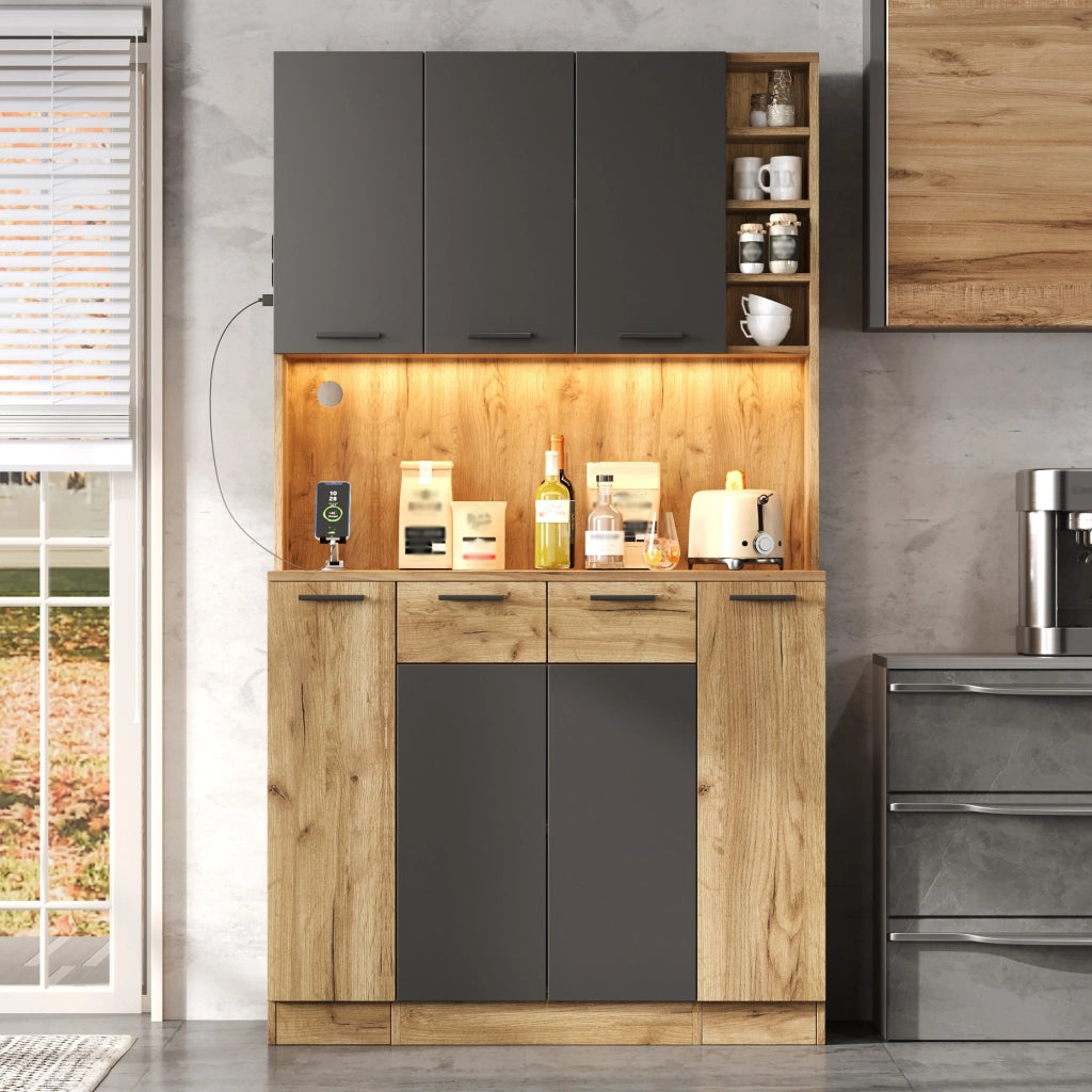 Credenza da cucina alta LED con 4 cassetti verticali e presa, per cucina, MDF nero naturale, 100 × 40 × 180 cm