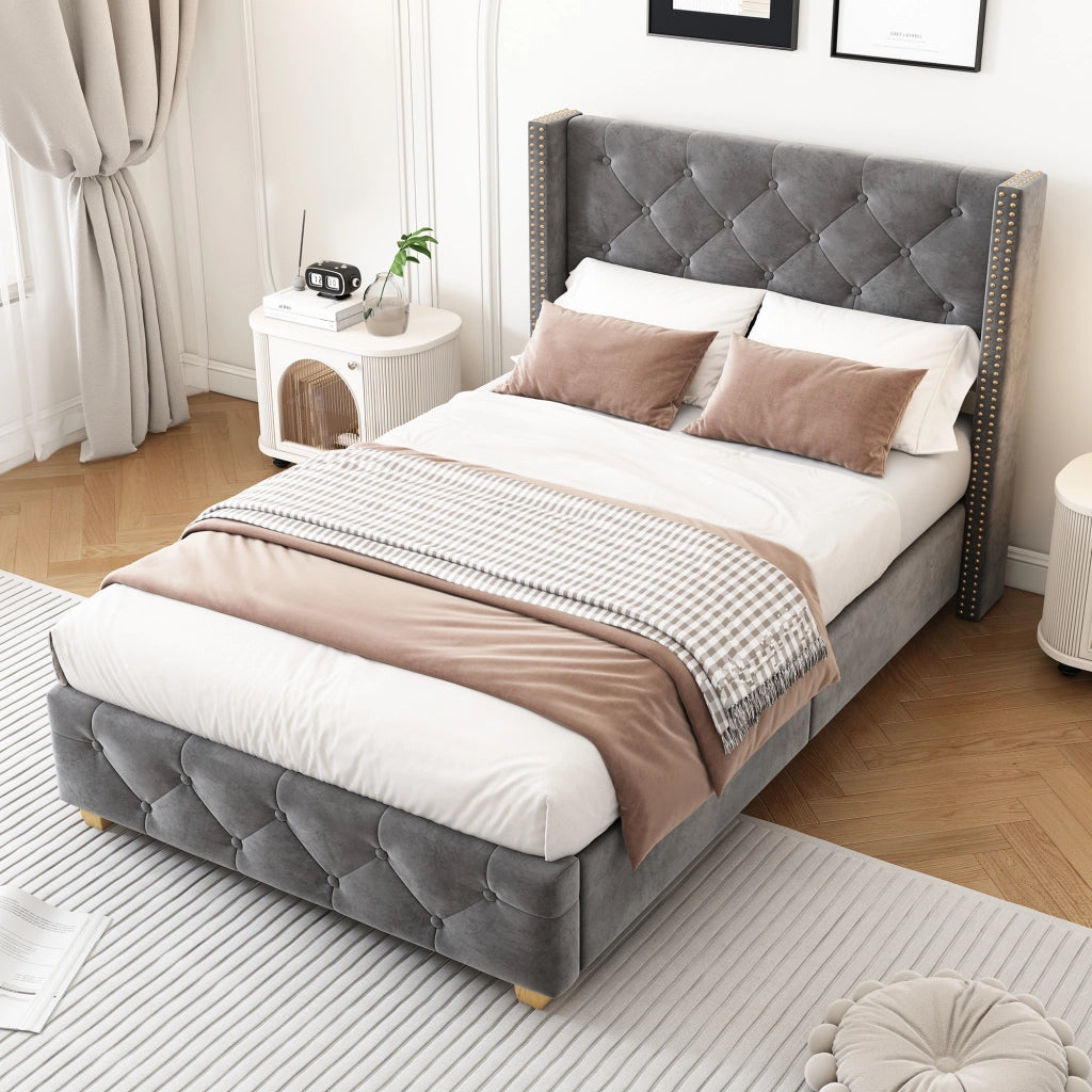 Letto imbottito 90 × 200 cm con rete a doghe e testiera in velluto grigio con bottoni e borchie