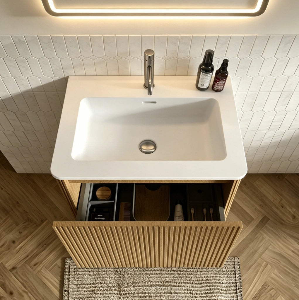 Lavabo con mobile sottolavabo sospeso in MDF e compensato color rovere