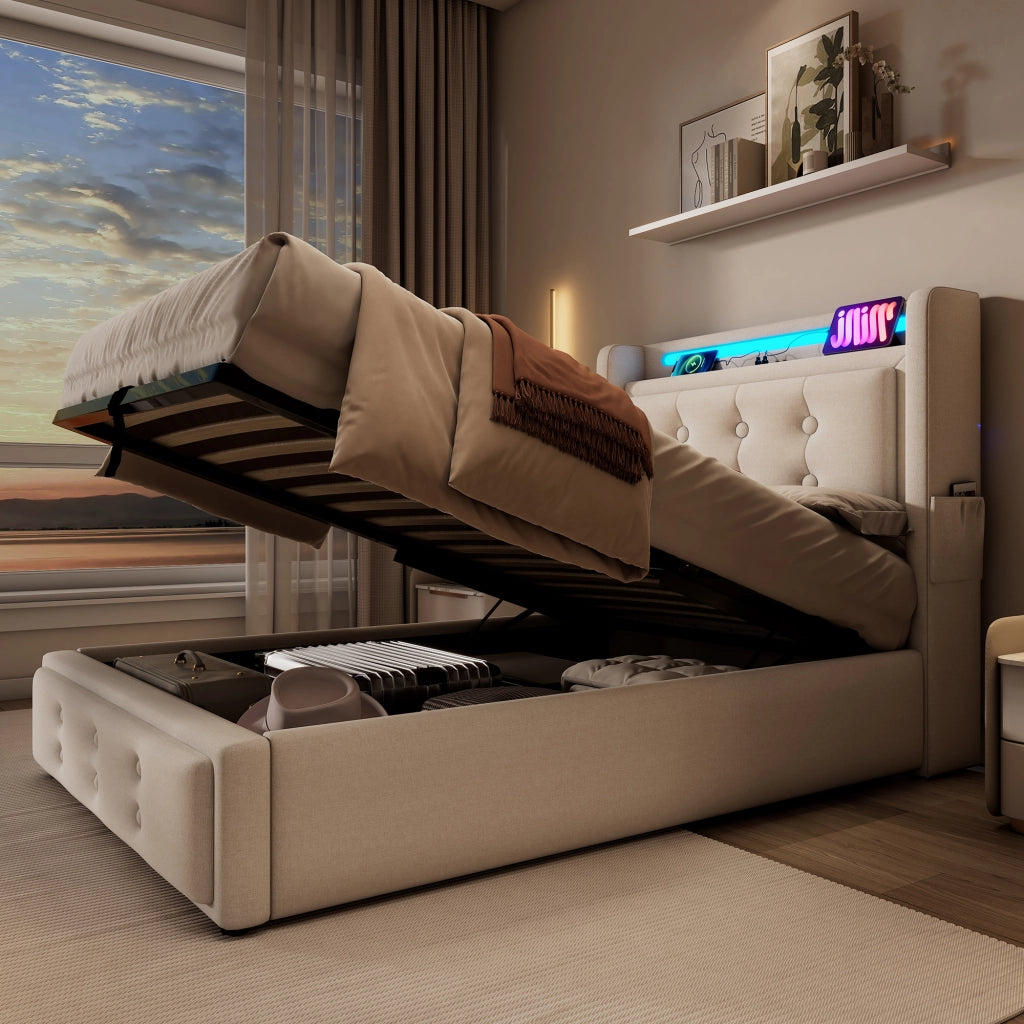 Letto singolo imbottito 90 ¡Á 200 cm con materasso contenitore LED prese USB e Type C tessuto cotone lino beige