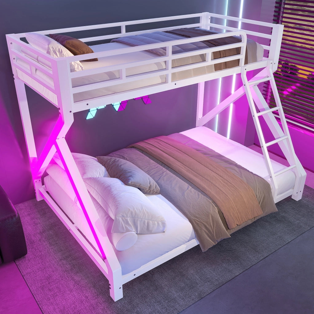 Letto a Castello in Ferro 90x200 cm e 140x200 cm con Striscia LED, Corrimano di Sicurezza e Scala, Bianco, Senza Materasso