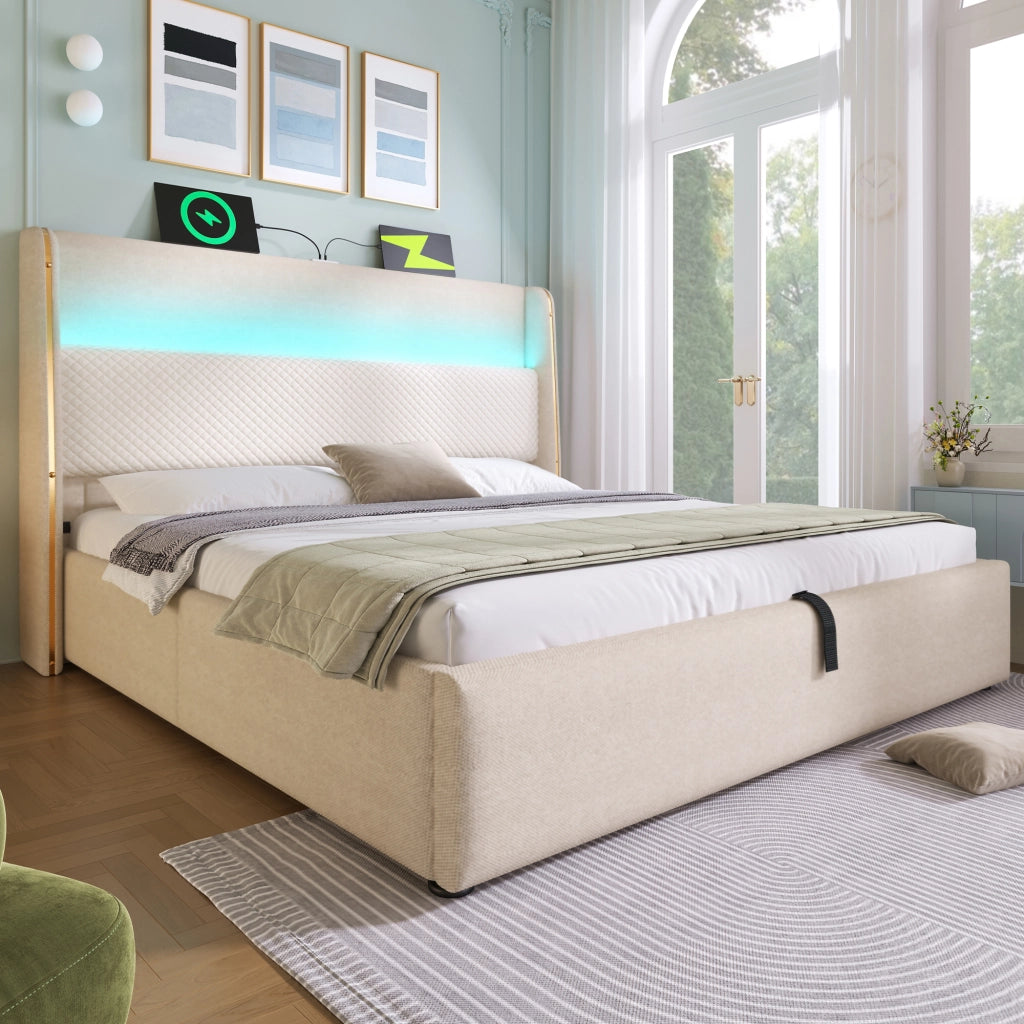 Letto Contenitore 160x200 cm; Letto Matrimoniale - LED; USB; Type-C in Lino Beige