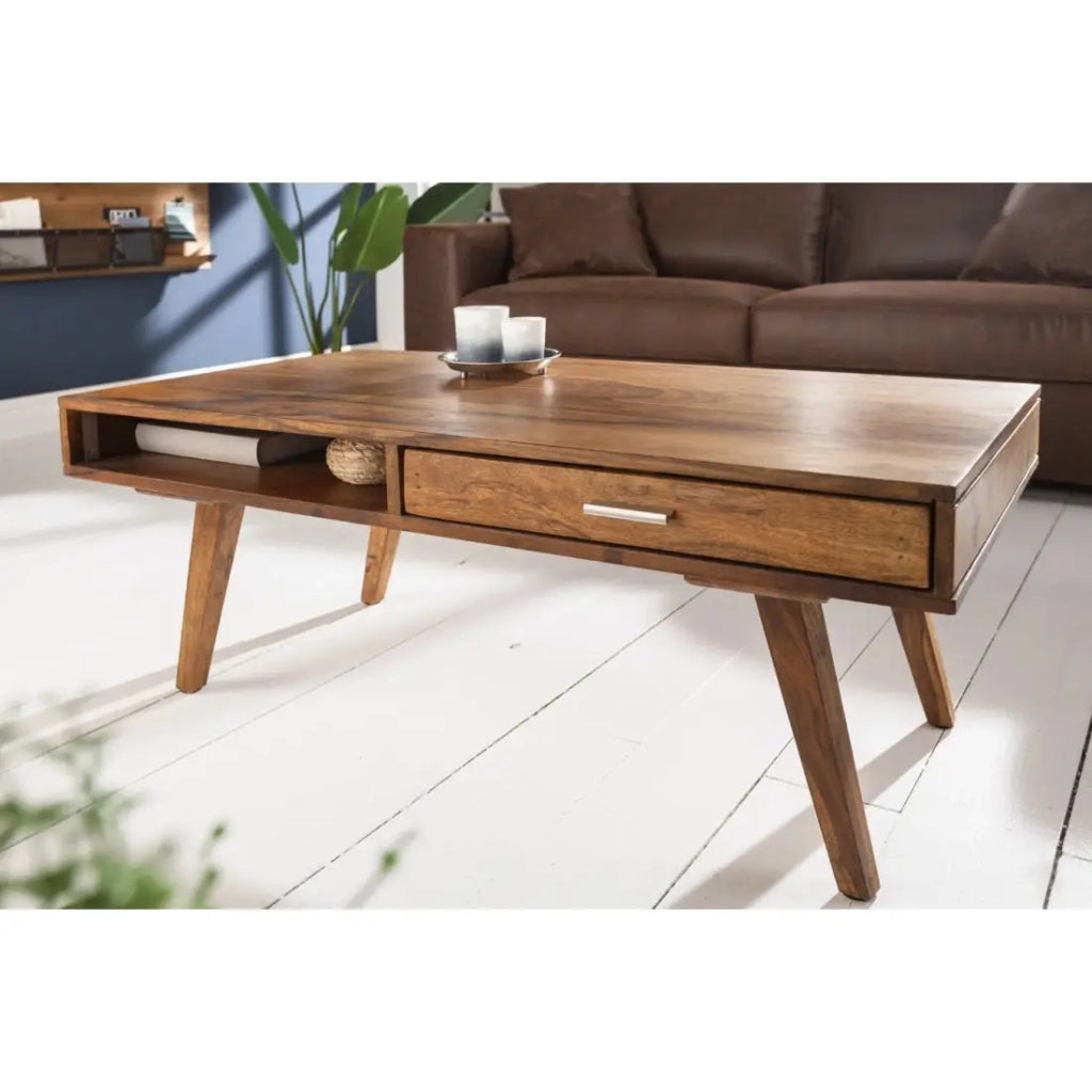 Tavolino basso SCANOVA 100 cm in legno massiccio di sheesham con contenitore stile scandinavo