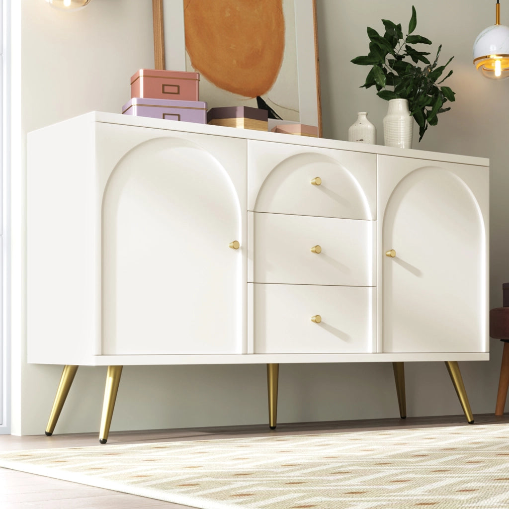 Cassettiera con 2 ante e 3 cassetti ripiano regolabile in legno e metallo bianco crema 140 × 40 × 84 cm