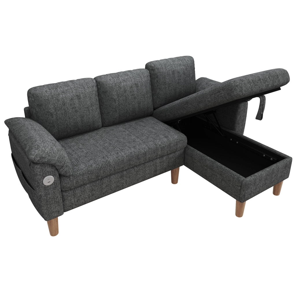 Divano angolare 3 posti 181x125 cm con chaise longue reversibile, USB-C e chenille grigio scuro