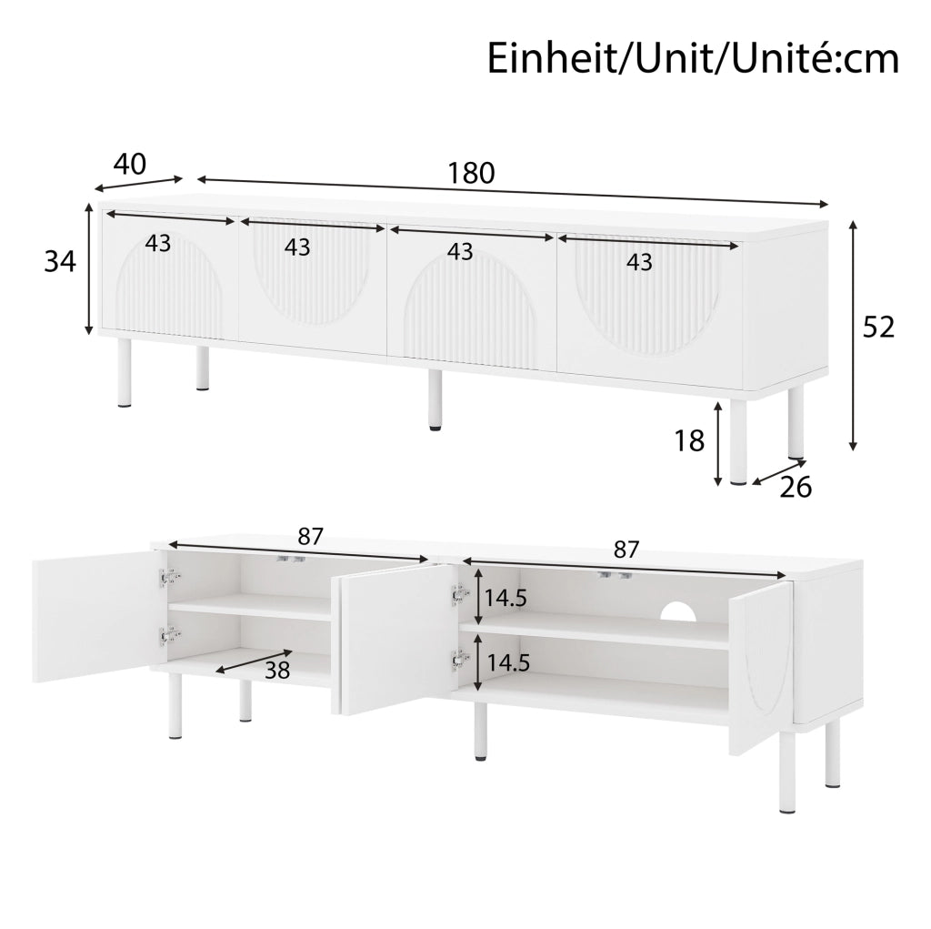 Mobile TV basso 180 cm bianco opaco con 4 vani e passacavi HOMVRA