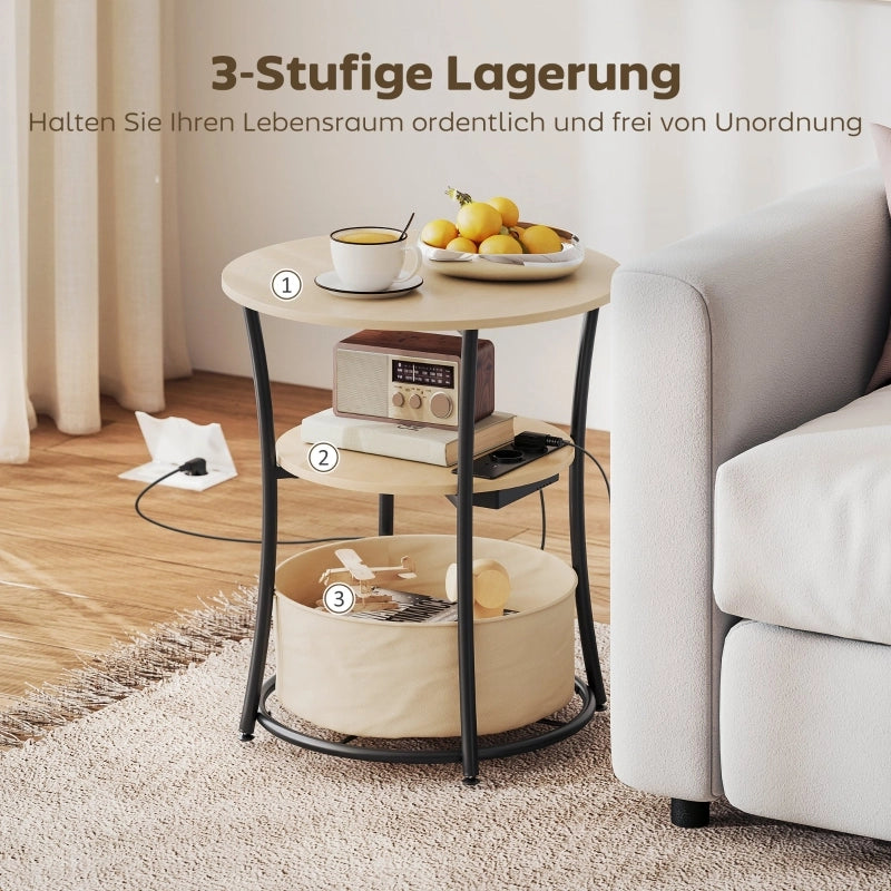 Tavolino laterale rotondo con prese AC USB e USB-C a 3 livelli legno naturale e metallo diametro 50 × 55.1 cm