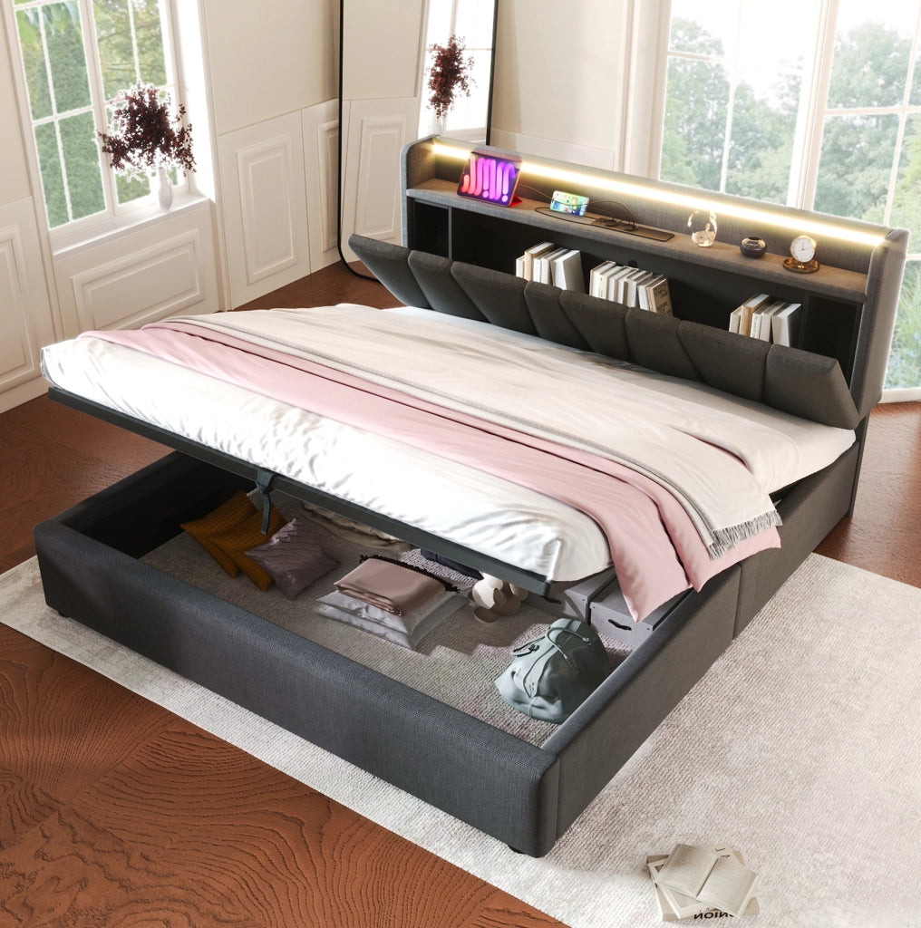 Letto imbottito 160x200 con testiera contenitore, prese USB e LED RGBW