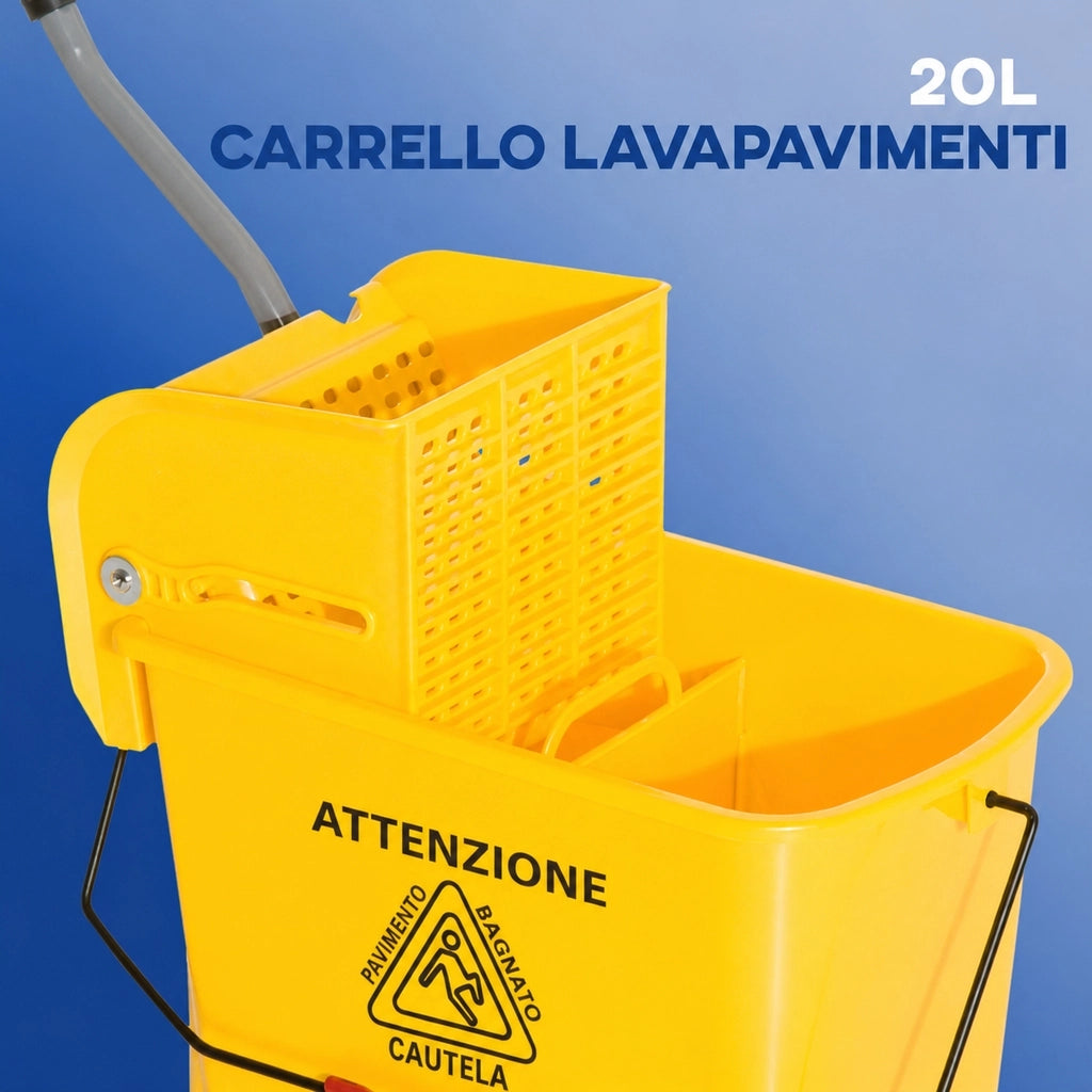 Carrello lavapavimenti 20 litri con strizzatore; due scomparti; plastica; giallo