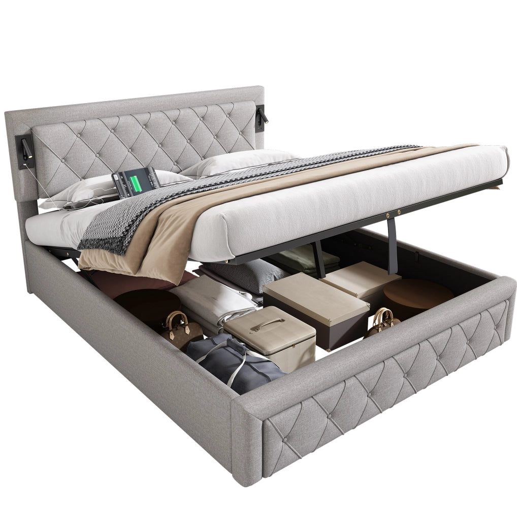 Letto imbottito con contenitore, LED e USB, grigio