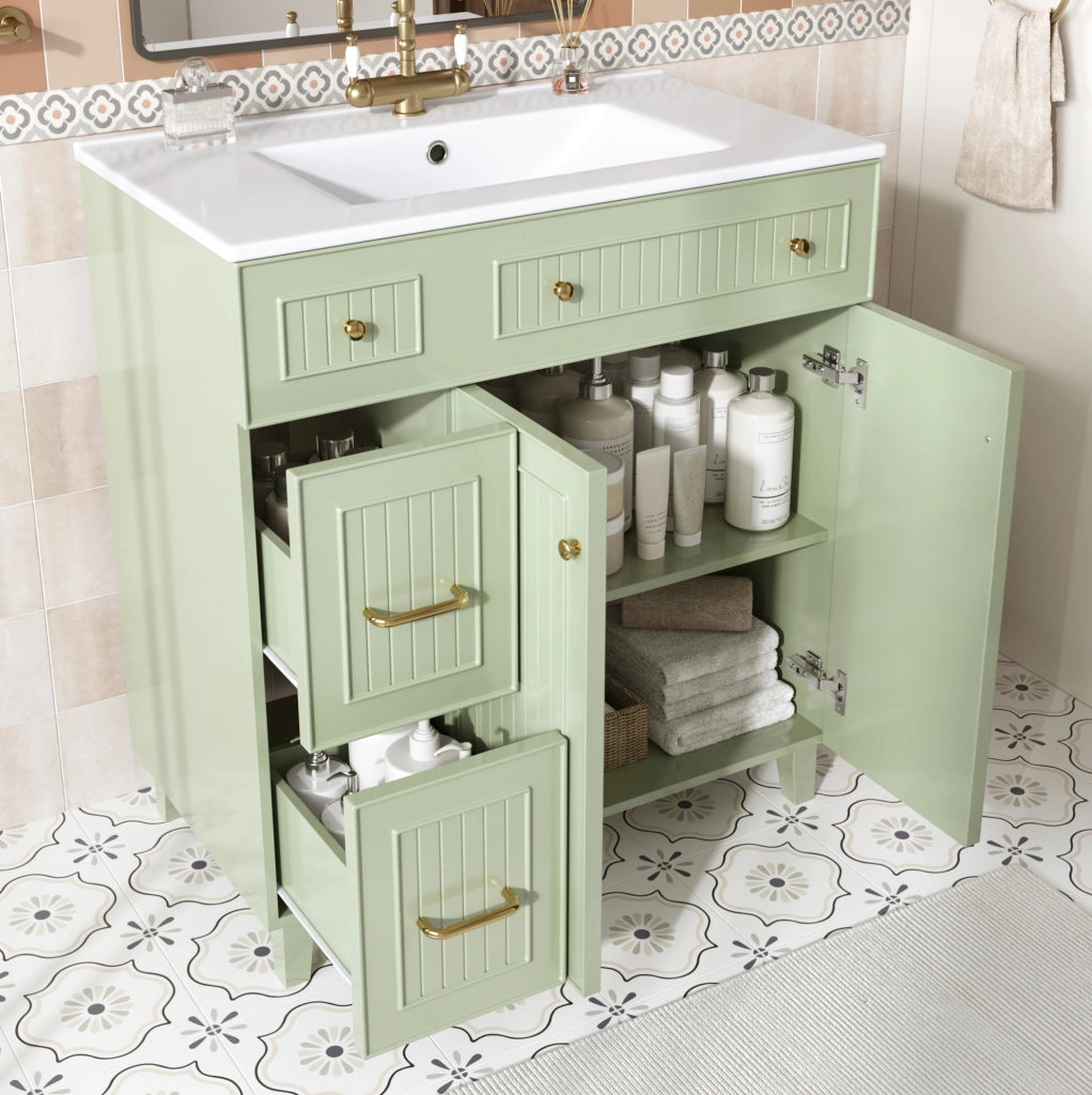 Mobile bagno con lavabo in ceramica 81,7 cm, struttura in MDF verniciato, piedini in legno massello di pino, colore verde