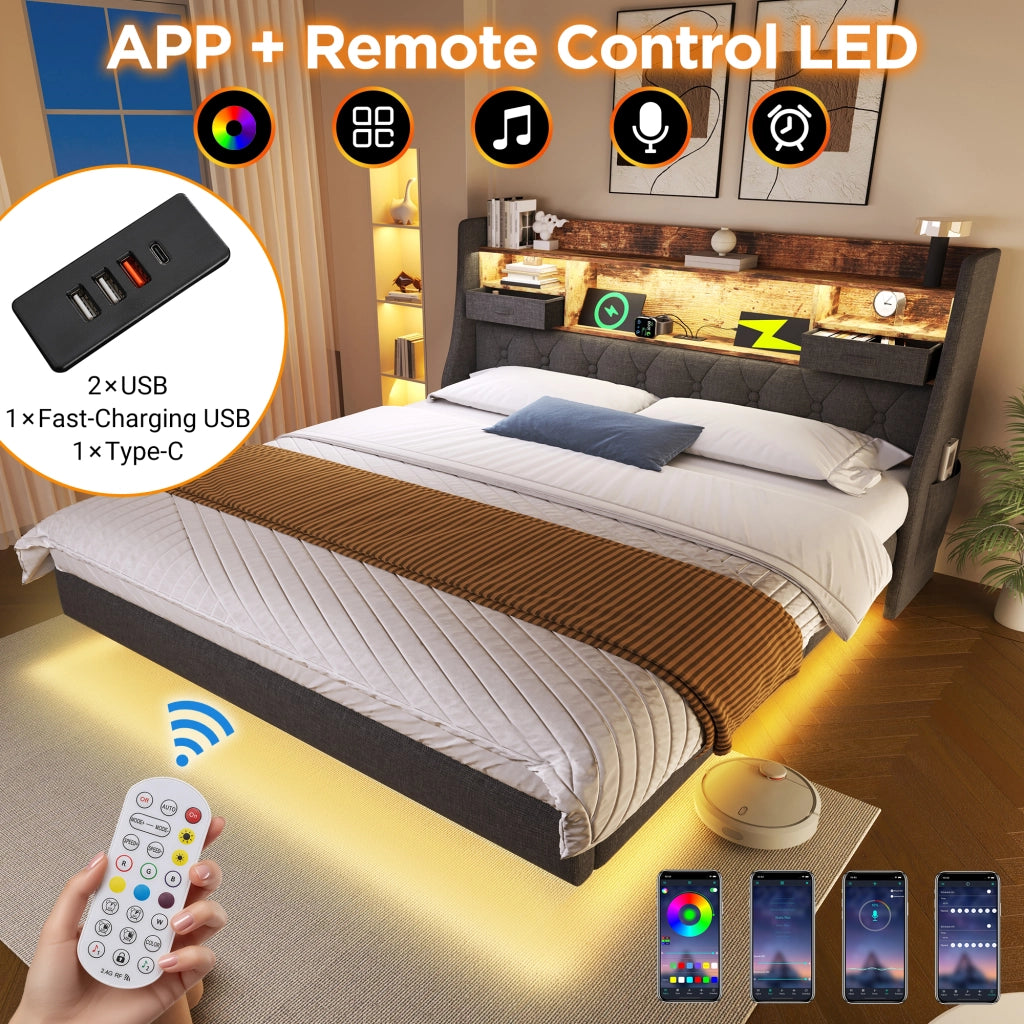 Letto matrimoniale 180 × 200 cm 2 posti con LED; testiera contenitore; USB e Type-C; senza materasso; lino grigio