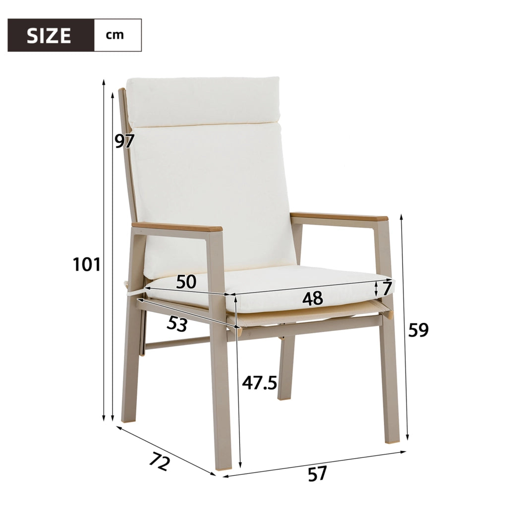 Set di 2 Sedie da Pranzo da Esterno con Braccioli in Legno Plastica e Seduta in Textilene, Struttura in Ferro Zincato, Khaki e Beige