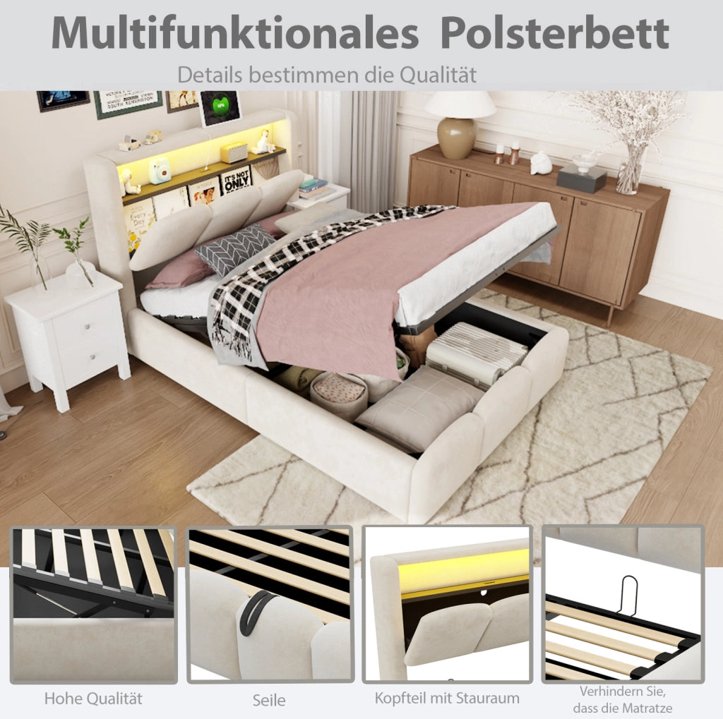Letto imbottito 90x200 cm in velluto beige con contenitore; LED; USB e Type-C