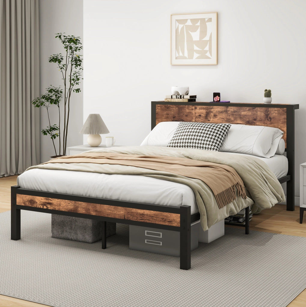 Letto singolo 140x200 cm con struttura in metallo e testiera contenitore in MDF vintage marrone