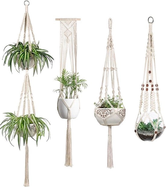 Porta piante in interni con corda in cotone macrame, modello 1-4 pezzi