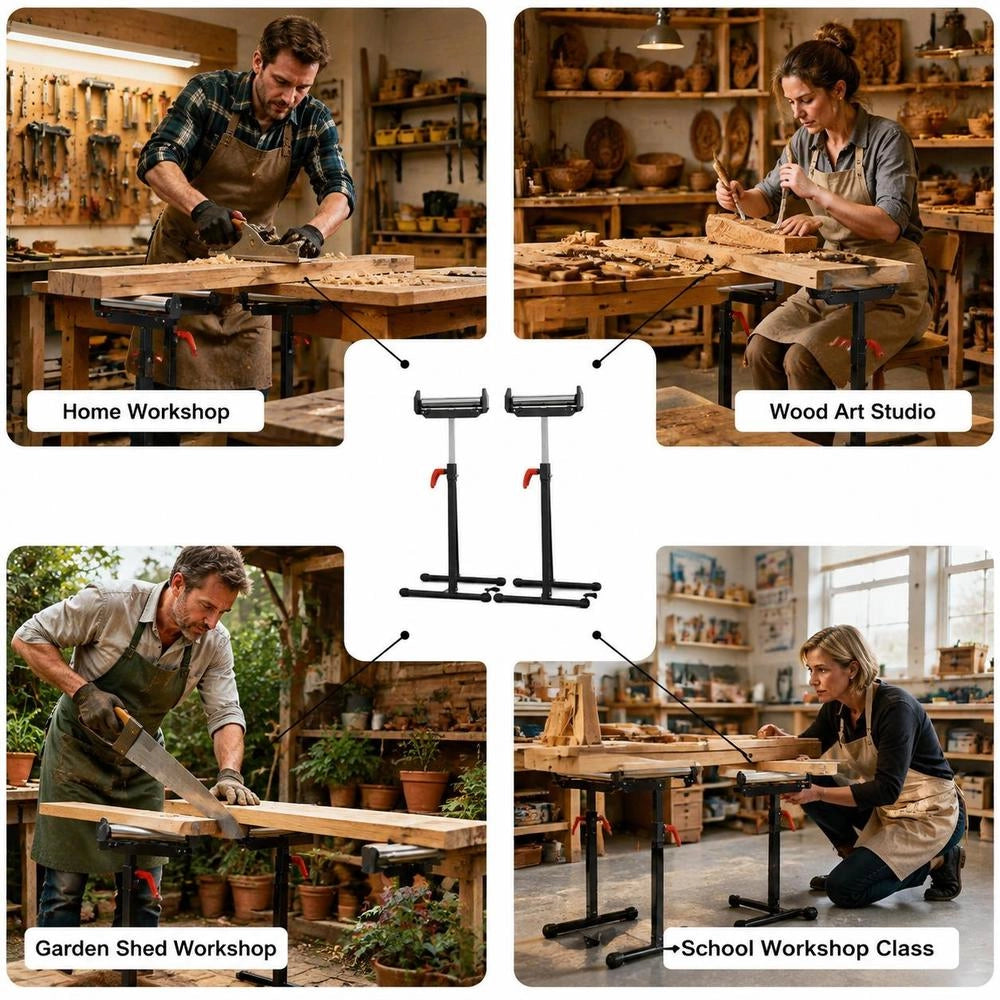 Adjustable Height Steel Roller Stand Set With Edge Guides, 113kg Load Capacity, For Table Saw Infeed And Planer Outfeed, Workshop Woodworking Support Tool, 44x53x68-109 Cm, Set Of 2