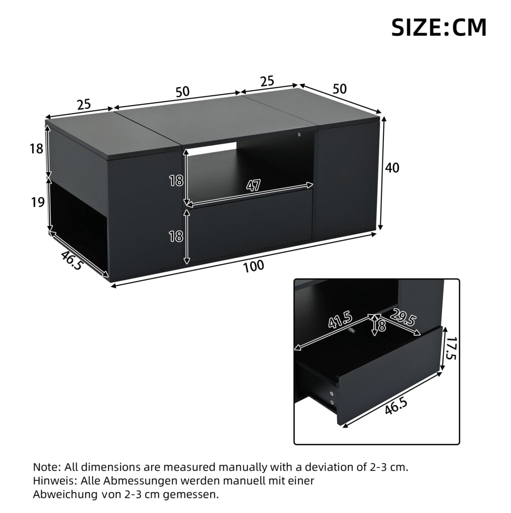 Tavolino da salotto con LED e vani contenitore; 100 x 50 x 40 cm; in truciolare nero lucido