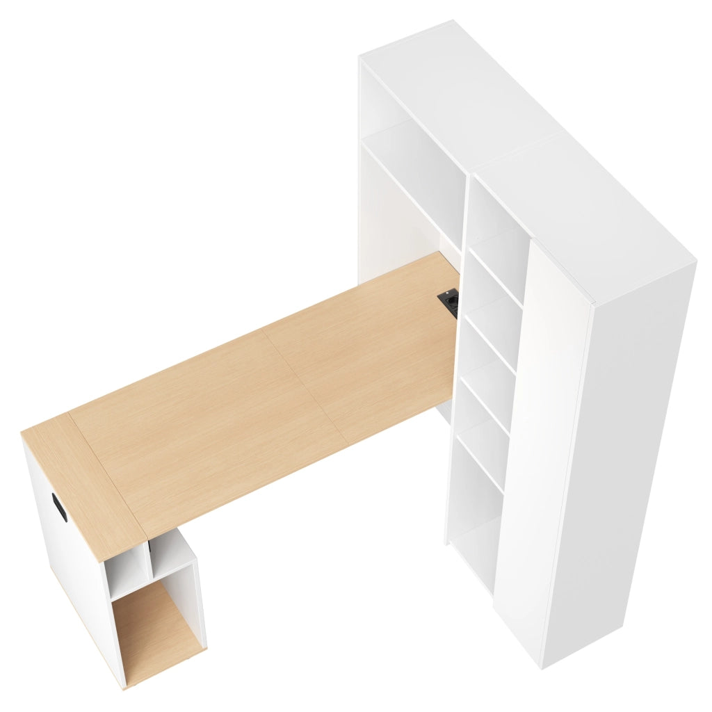 Scrivania dritta pieghevole 2 in 1 con libreria presa UE porte USB ripiani regolabili MDF bianco rovere