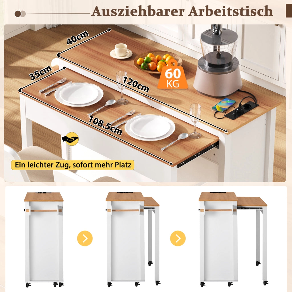 Mobile base da cucina su ruote con piano estraibile prese e vano rifiuti MDF bianco 120 × 40-75 × 92 cm
