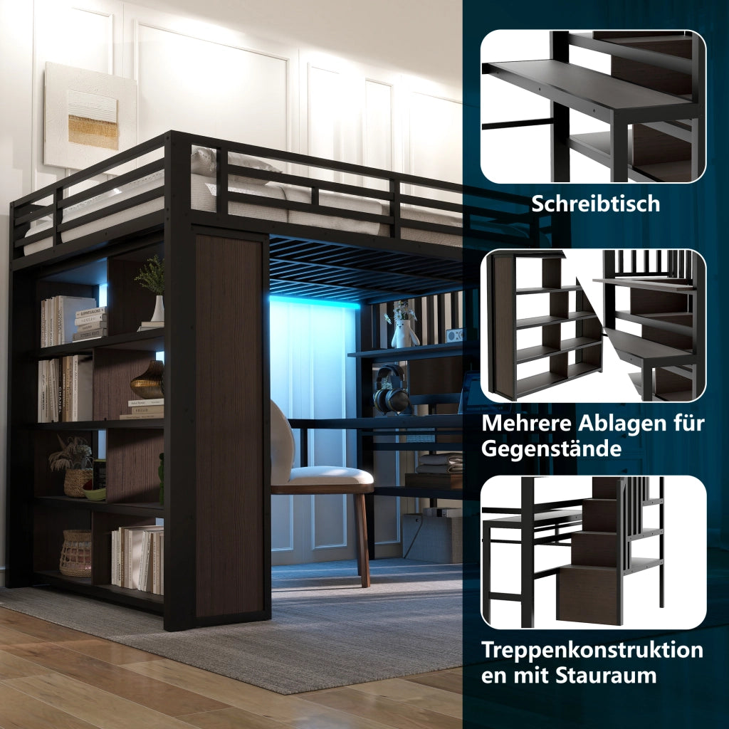 Letto a soppalco 140 × 200 cm con scrivania ripiani scala contenitore LED in metallo e MDF nero
