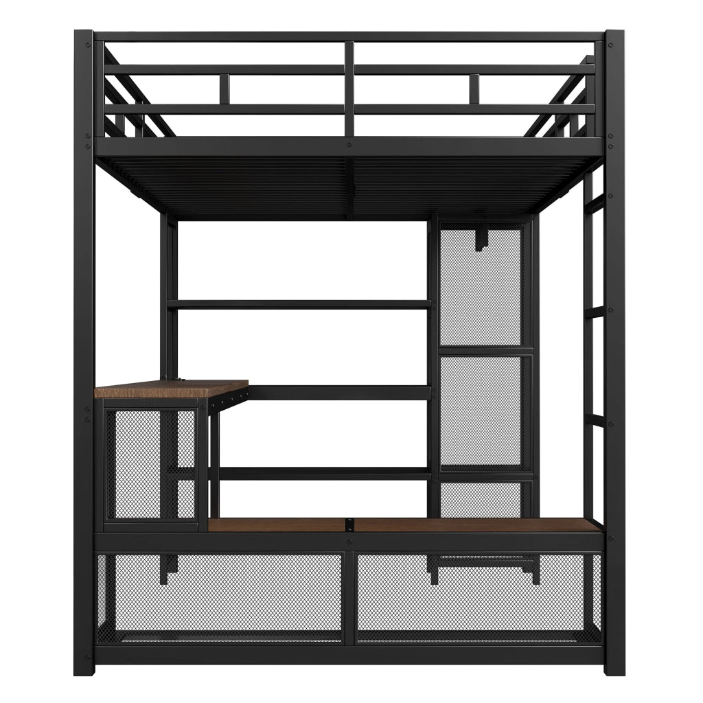Letto a soppalco 140x200 in metallo nero con scrivania e luci LED