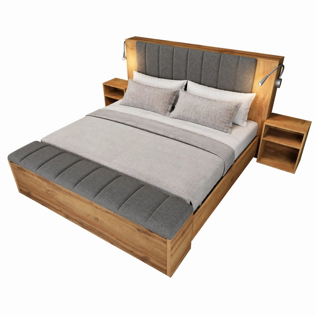 Letto matrimoniale 160x200 cm con testiera reclinabile in lino; lampade USB; comodini e panca; rovere