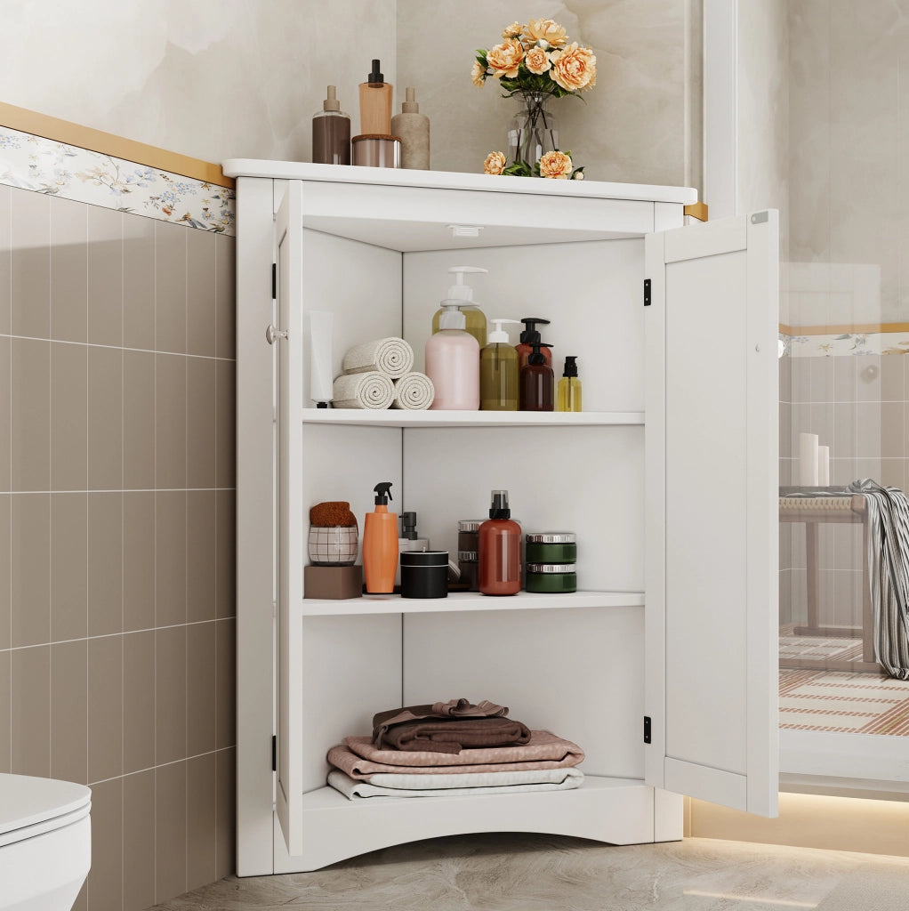 Mobile Armadietto Angolare Bianco per Bagno con 2 Ante e 3 Ripiani in MDF Laccato 61,5x80 cm