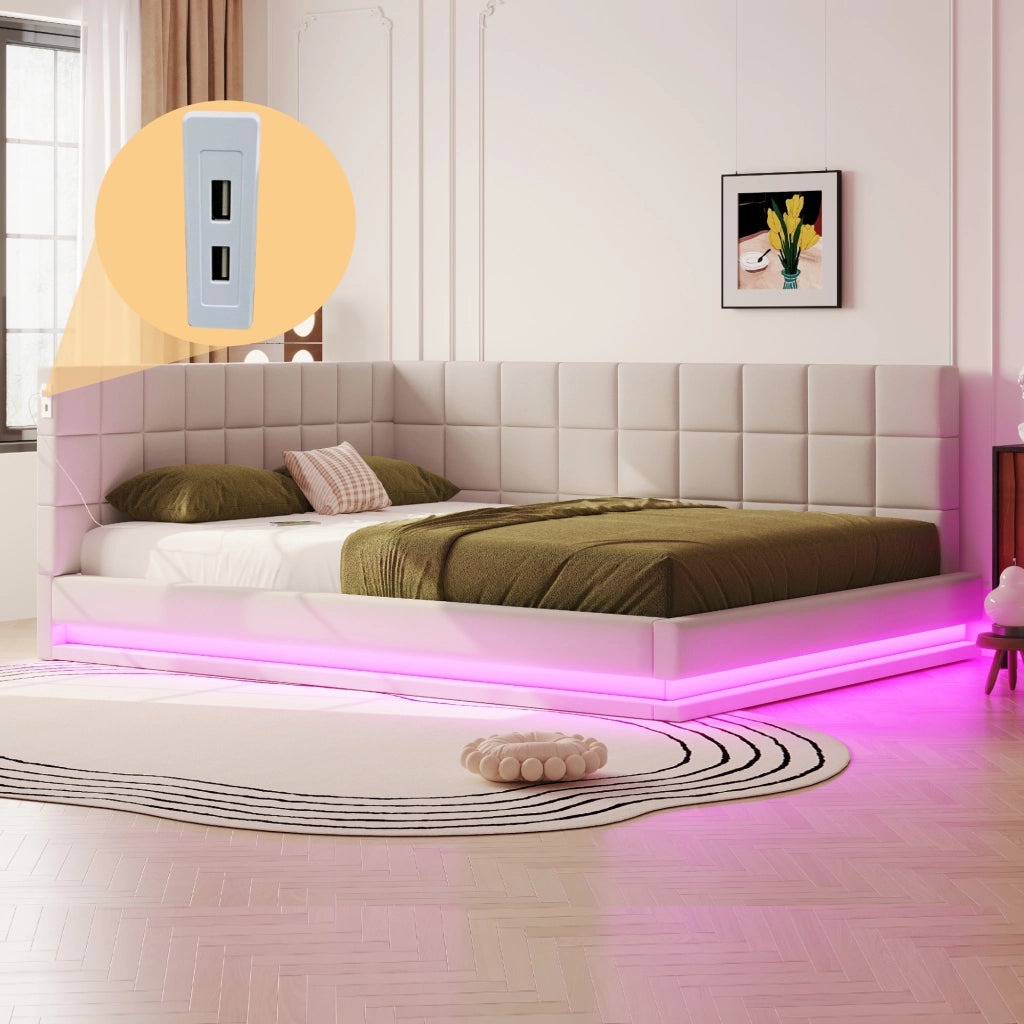 Divano letto in lino con LED e USB, 160x200 cm, beige