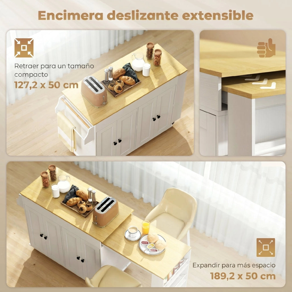 Carrello da Cucina con Ruote ¨C Xylo ¨C Piano Estraibile 4 Ante Ripiani Regolabili Portaspezie Bianco