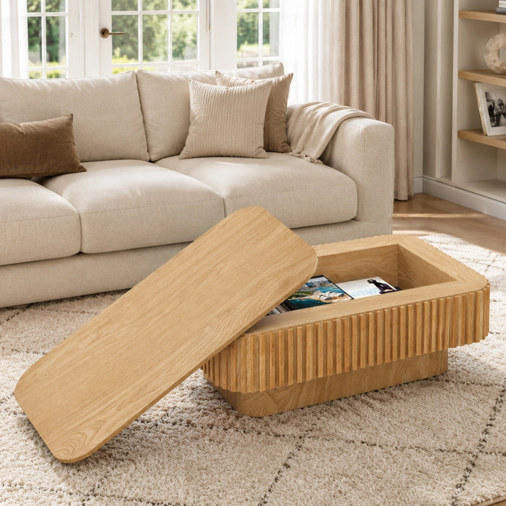 Tavolino basso fisso con vano contenitore nascosto e piano rimovibile in MDF effetto legno naturale