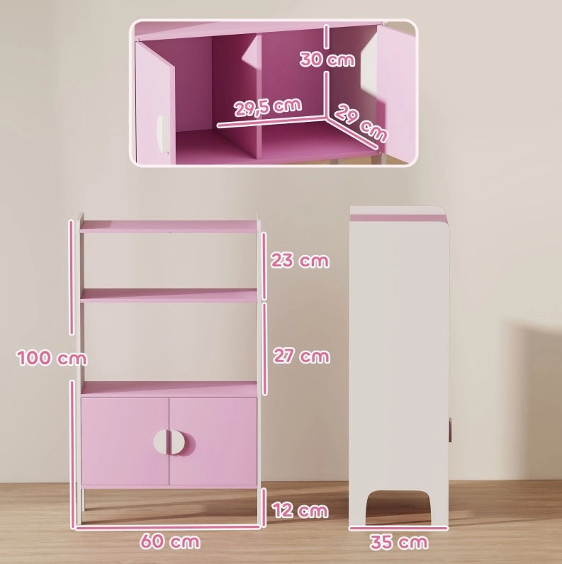 Libreria per bambini rosa con vani e ante, 60x35x100 cm