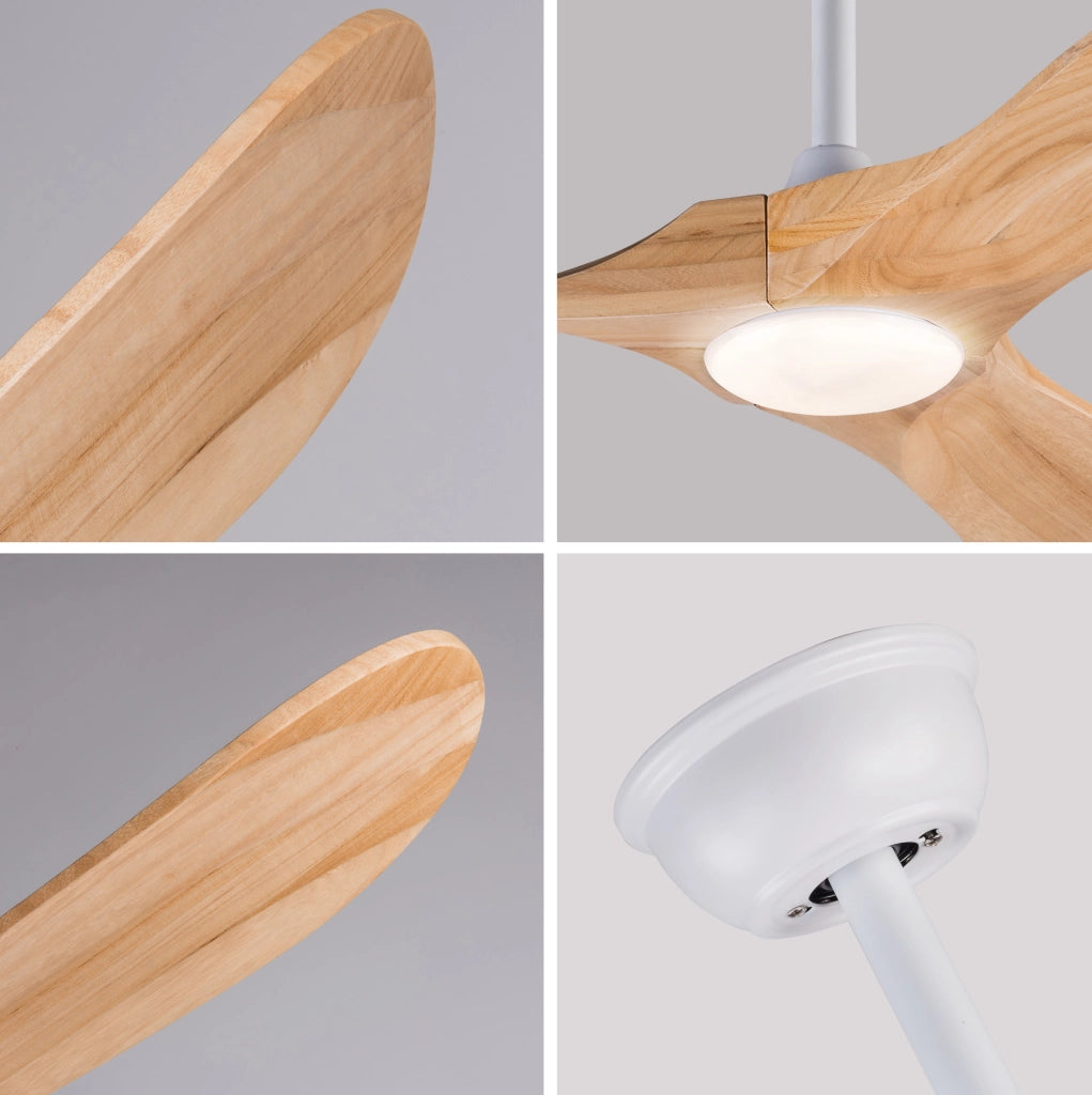 Ventilatore da soffitto 132 cm con tre pale in legno massello, luce LED regolabile 3CCT, telecomando e 6 velocità