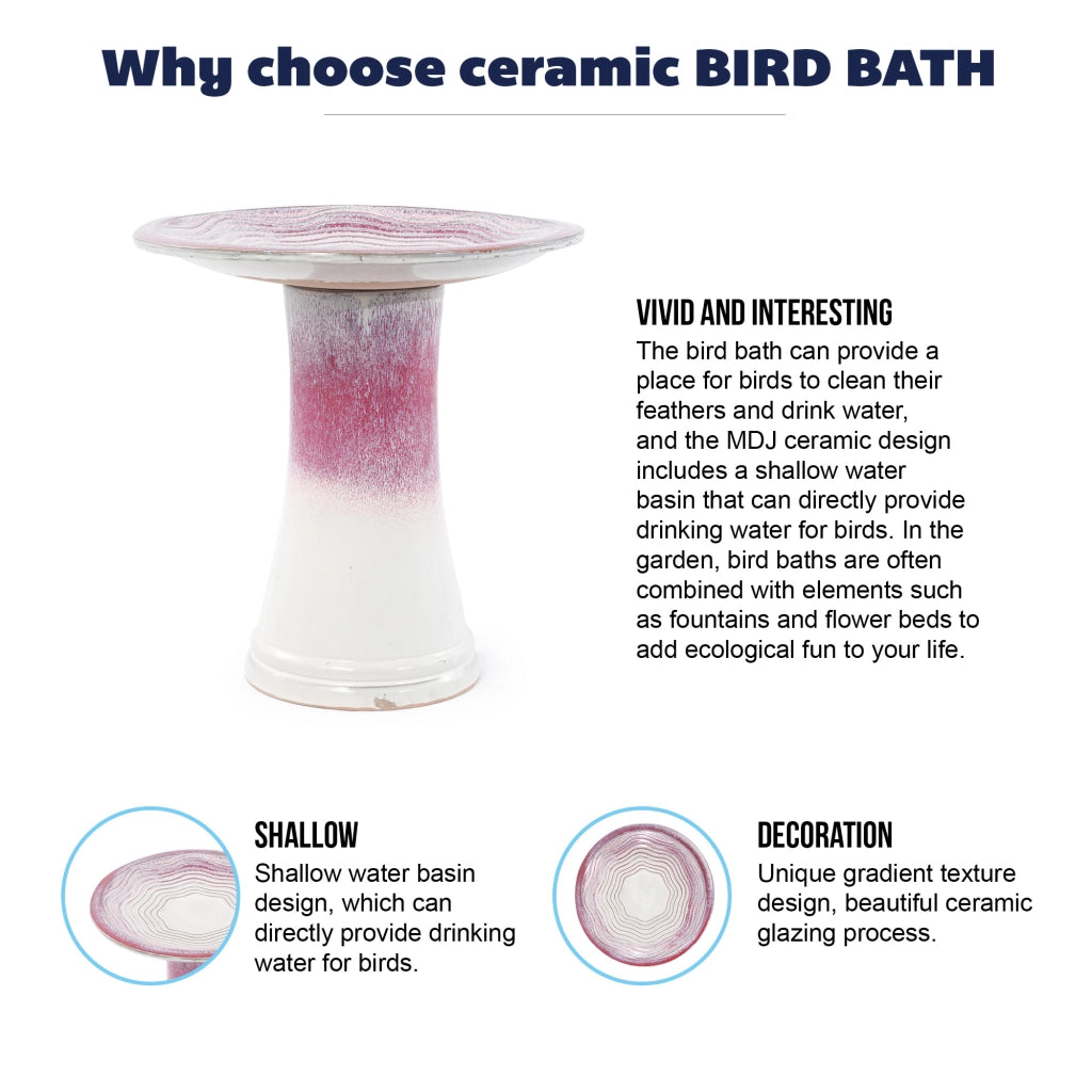 Bagnetto per uccelli in ceramica fatta a mano con ciotola ampia e base alta bianca e rosa Ø 43 cm per giardino