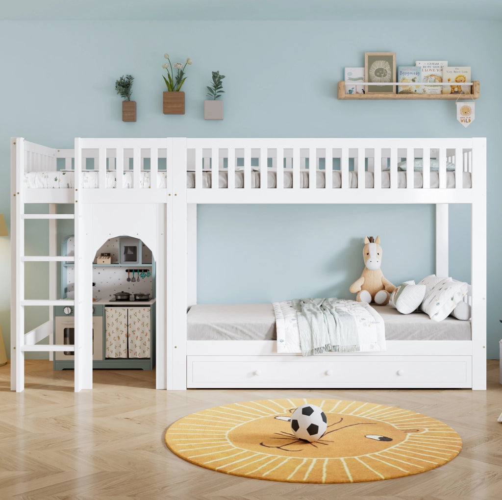 Letto a castello per bambini 90x200 cm con scala a 4 gradini bianco e naturale HOMVRA
