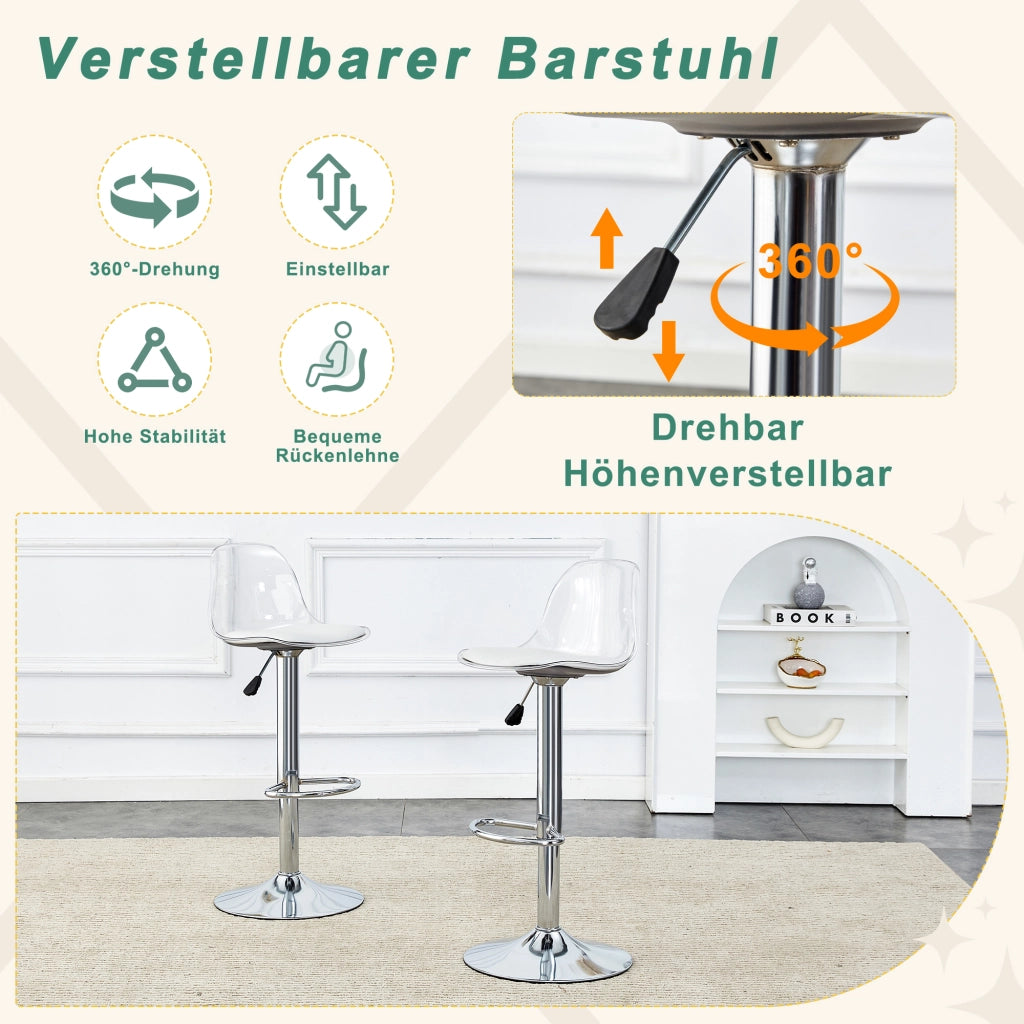 Sgabello da bar set da 2 con altezza regolabile e seduta girevole, in metallo e plastica, Bianco e argento