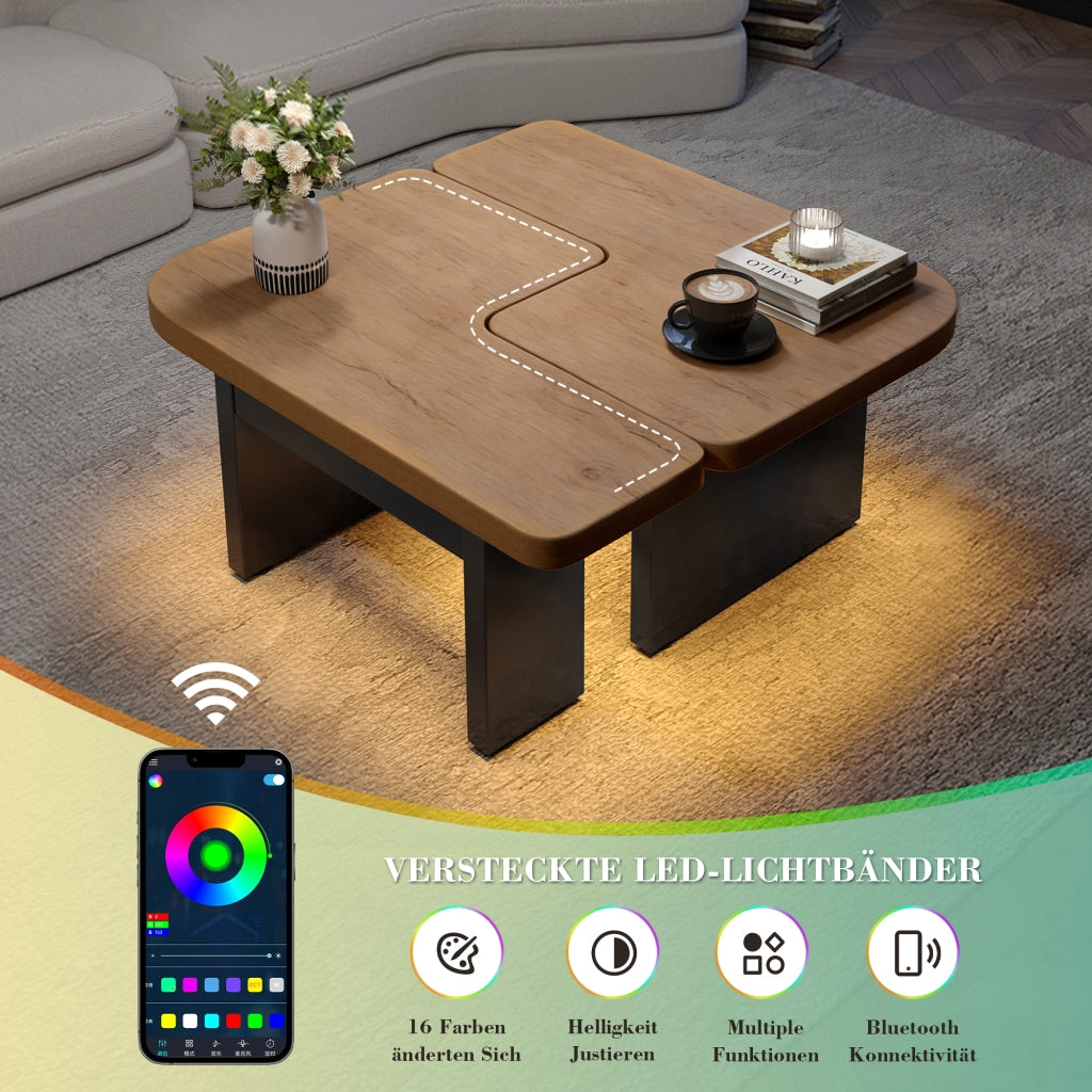 Tavolino da salotto LED con 2 cassetti e tavolini laterali separabili, in MDF naturale e nero, 90 × 60 × 44,5 cm