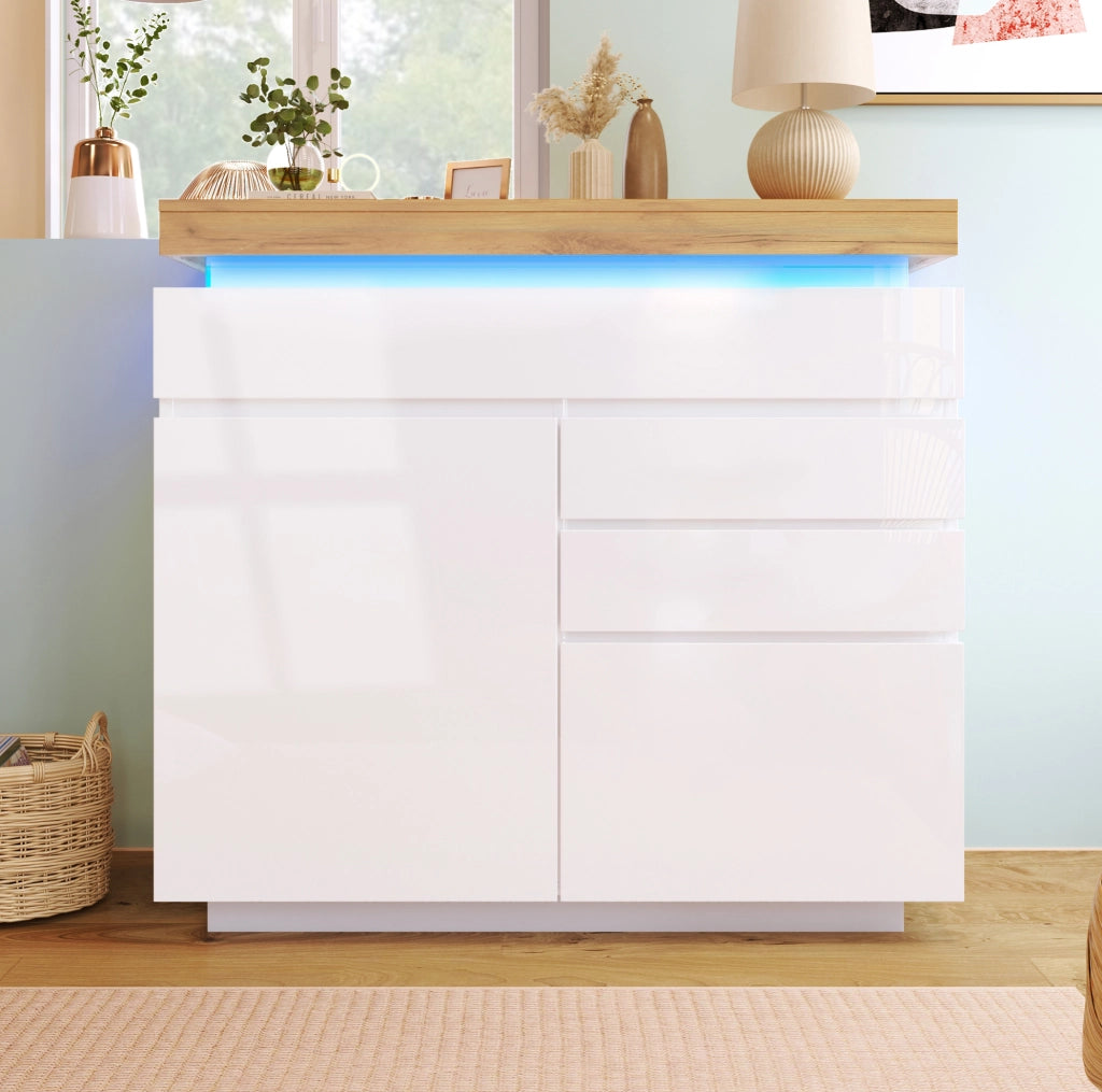 Sideboard bianco lucido con 2 ante, 3 cassetti e illuminazione LED controllabile via app, 115x110x39 cm