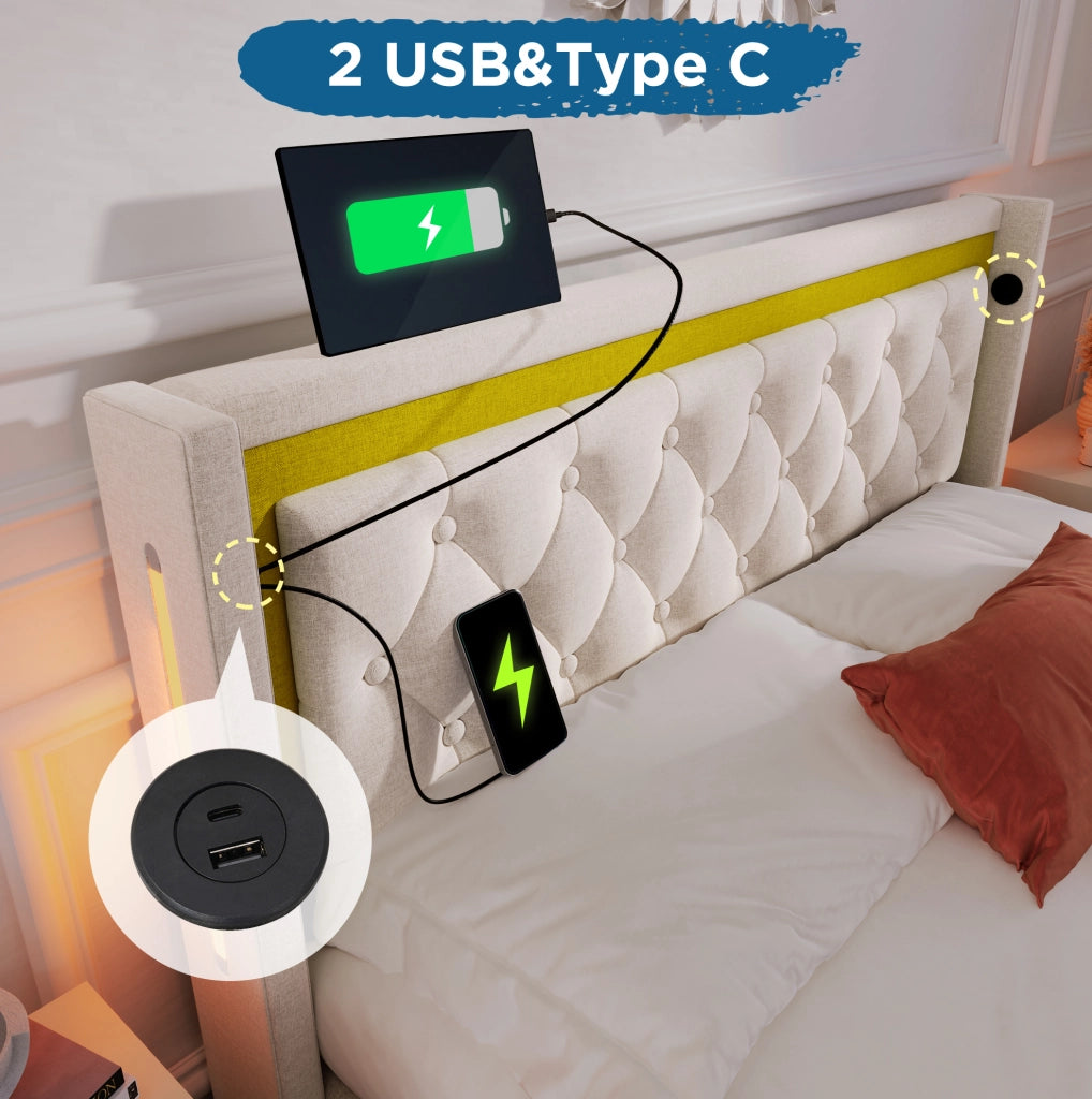 Letto matrimoniale 140x200 cm con contenitore; LED; USB e USB-C in cotone beige