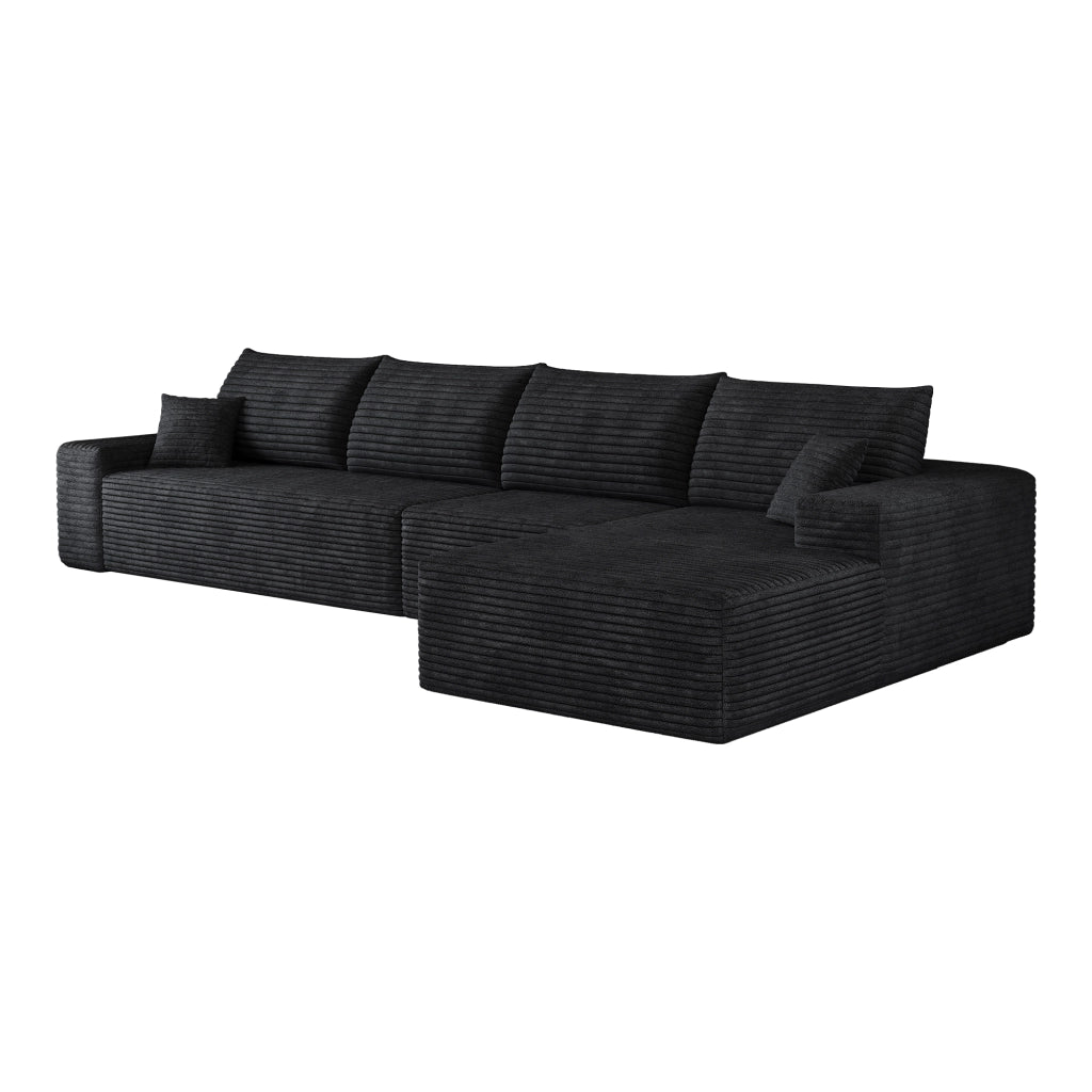 Divano angolare modulare con chaise longue e seduta profonda, senza montaggio, in tessuto a coste nero