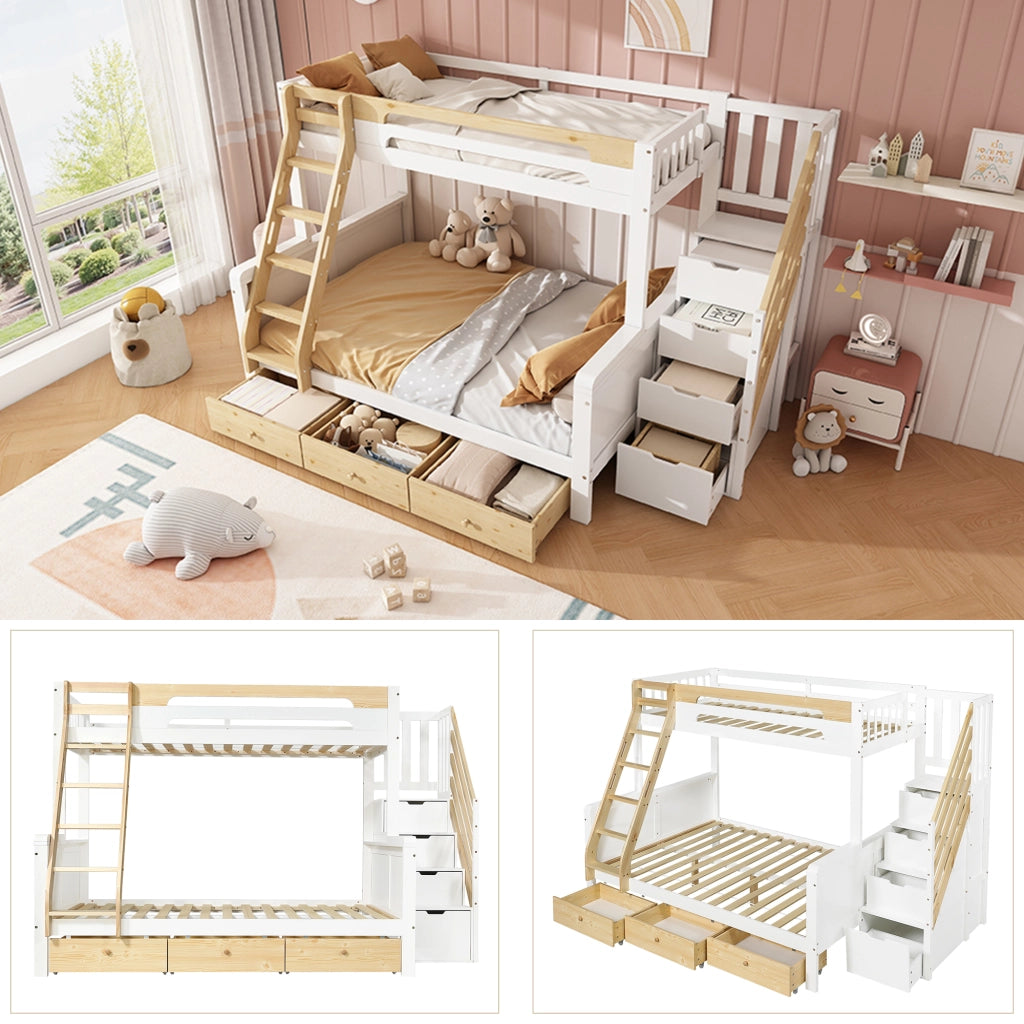 Letto a castello 90x200 e 140x200 cm in pino e MDF; bianco e naturale; con scala contenitore e 3 cassetti per cameretta