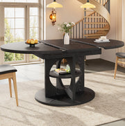 Tavolo da pranzo estensibile ULEVR 110-150 cm rotondo e ovale con ripiano integrato, MDF e metallo nero