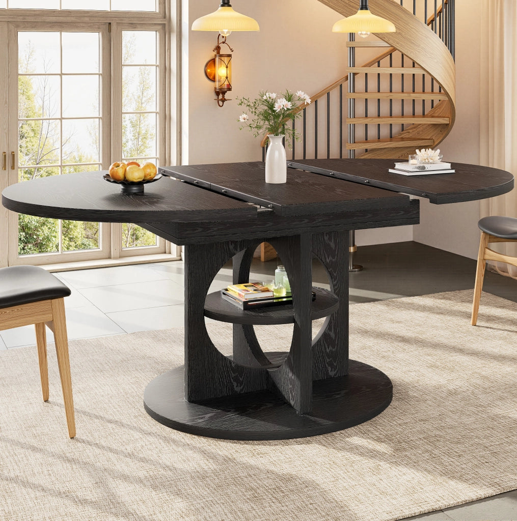 Tavolo da pranzo estensibile ULEVR 110-150 cm rotondo e ovale con ripiano integrato, MDF e metallo nero